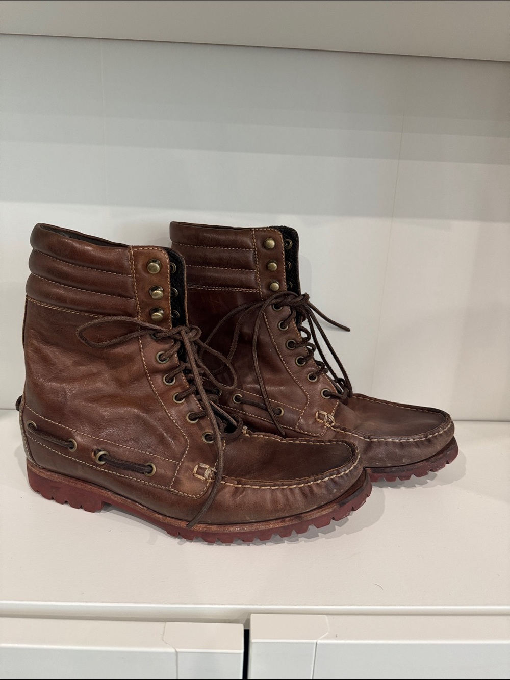 Vintage Cole Haan - Men's Brown Leather Lace-Up Moc Toe Boots